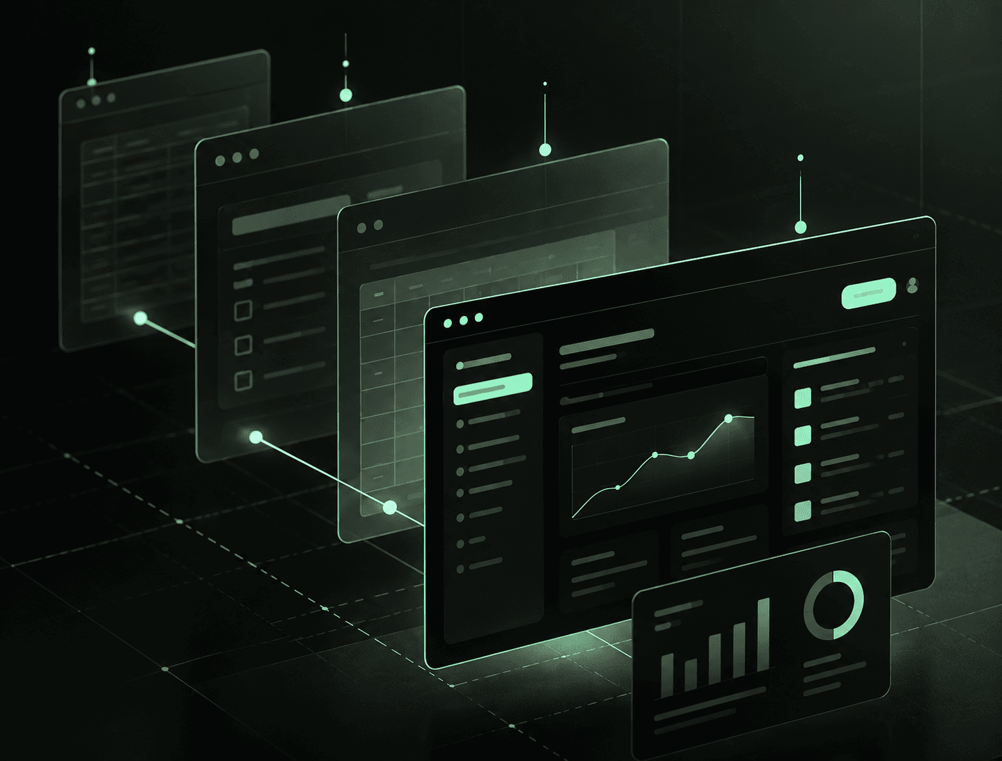 Painéis de interface em um dashboard futurista, conectados por linhas finas, em tons de verde sobre fundo escuro